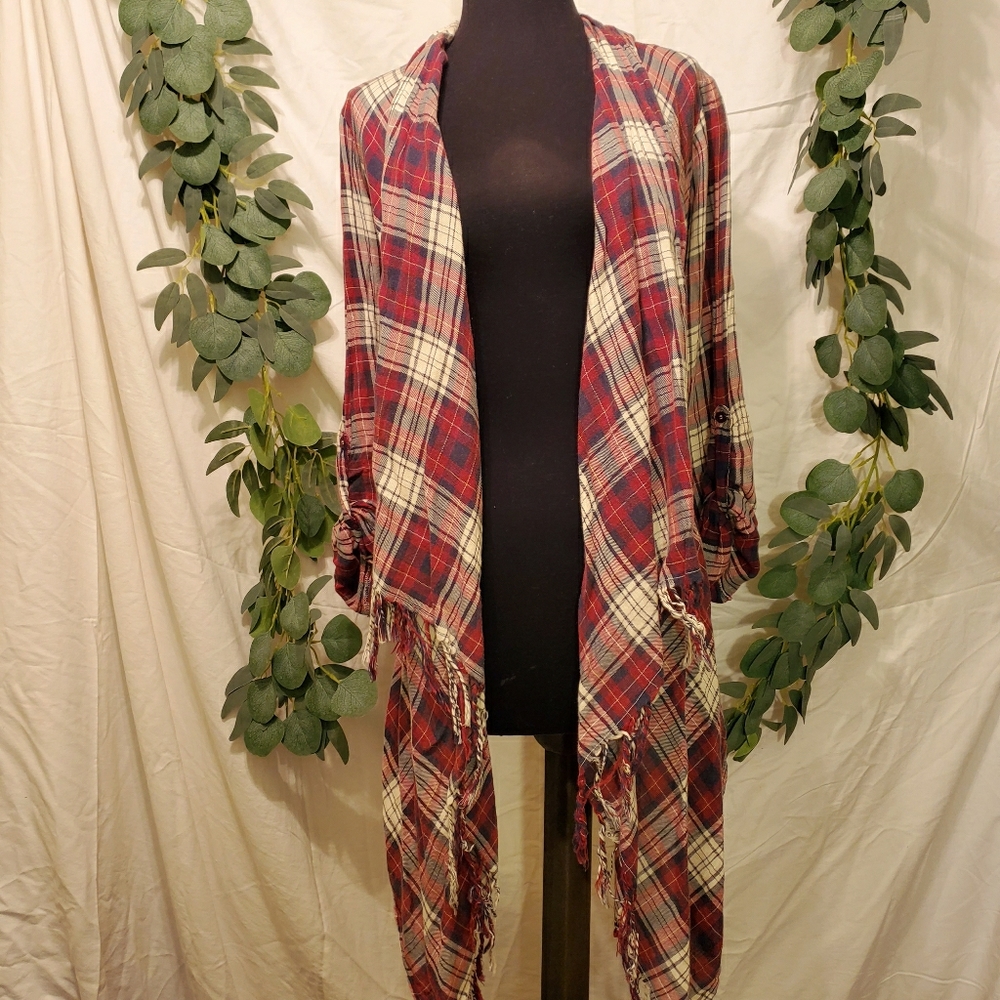 En Creme red plaid tassel cardigan country chic sm